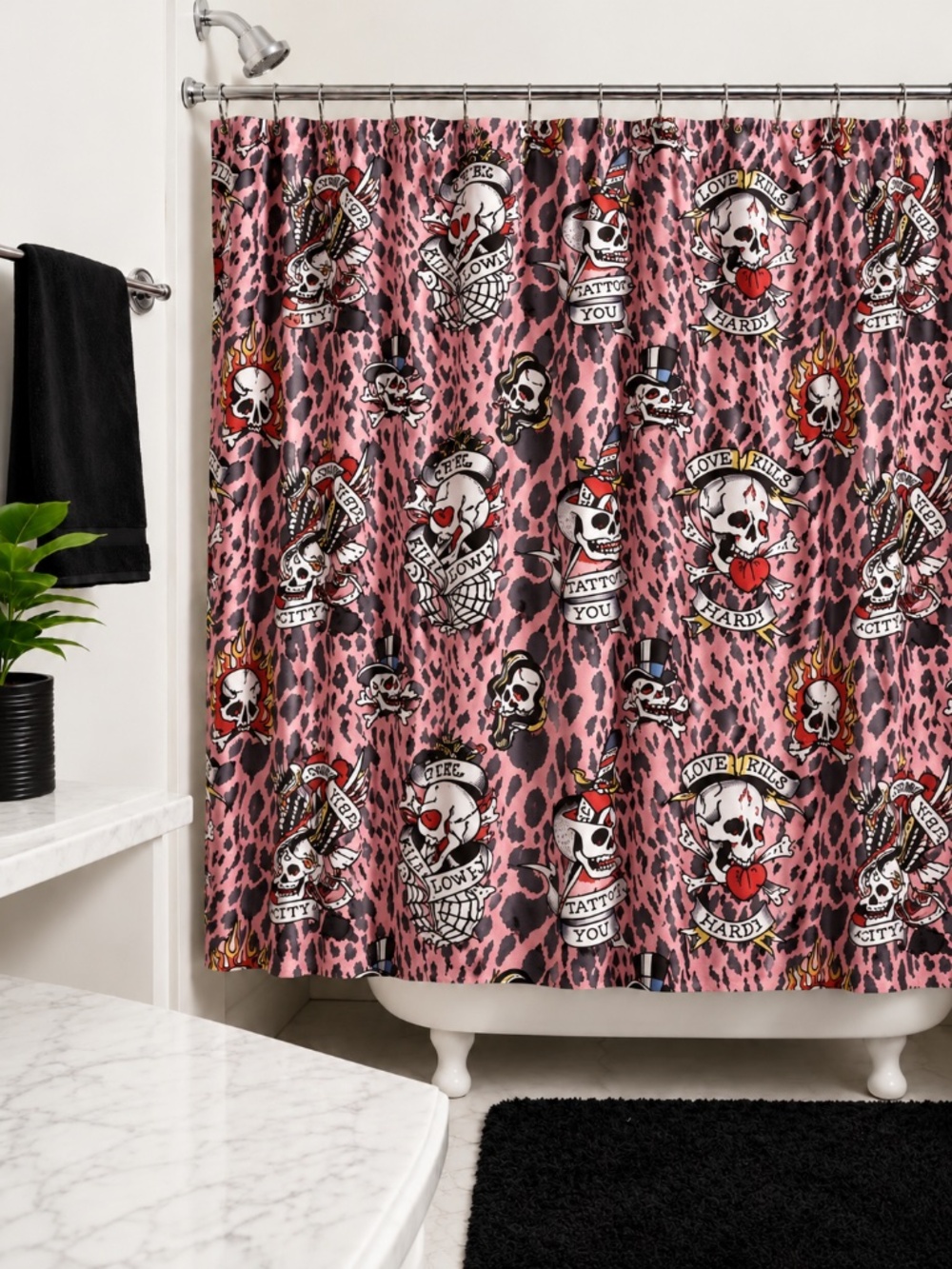 New Ed Hardy Skull Leopard Shower Curtain Set Pink 72x72 PEVA Liner & 12 Hooks